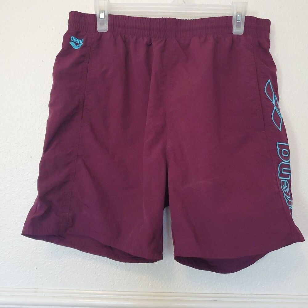 Arena Mens Swim Trunks Maroon Burgundy Blue Logo Elastic Waist Pockets Size M